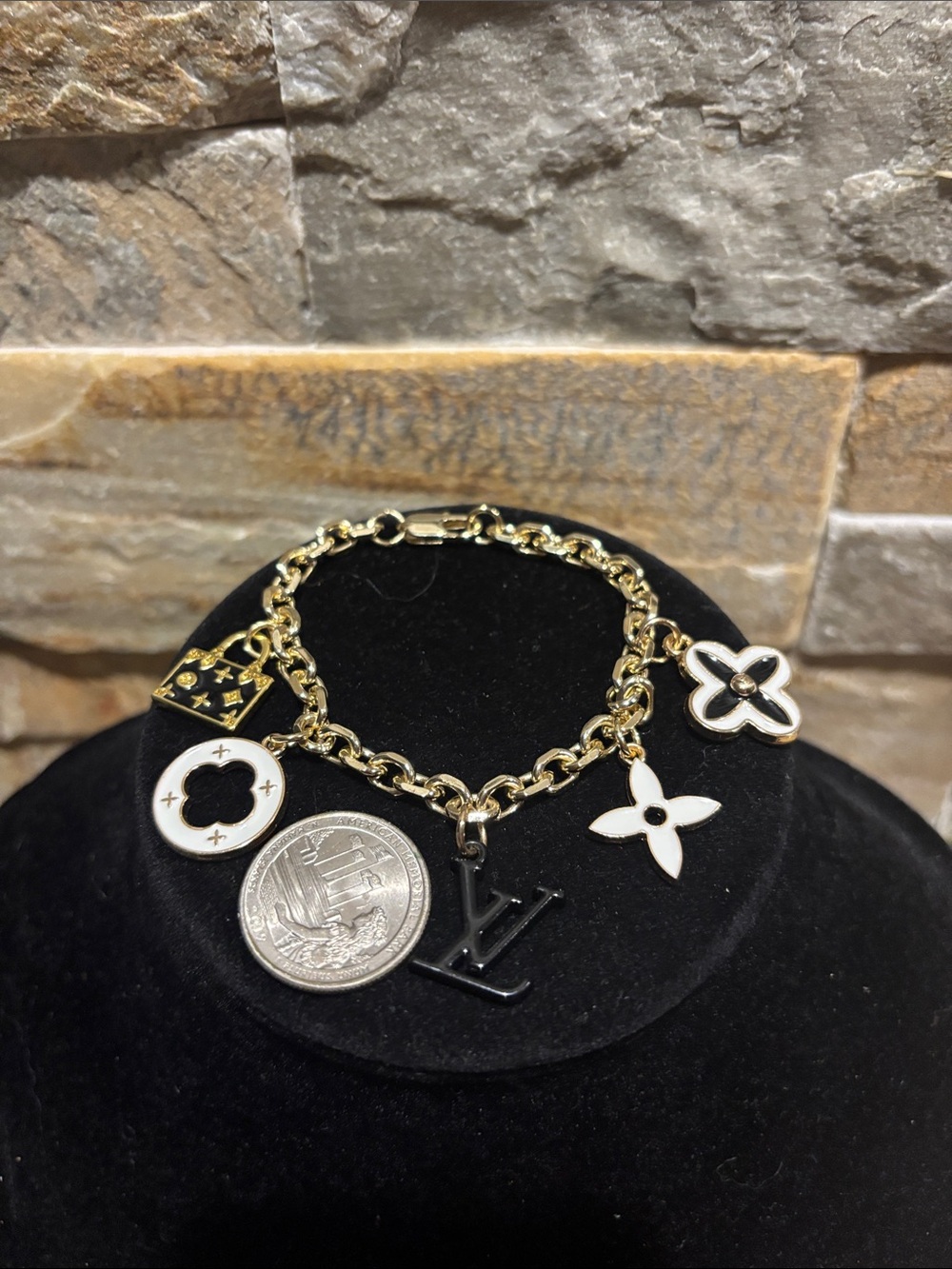Gold Chain LV Charm Bracelet with White Enamel Accents - Picture 5 of 5